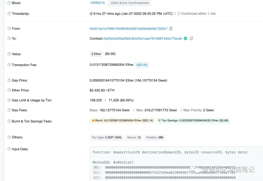 Etherscan detail of one deposit() call — 0 Ether, calling deposit() with ETH resourceID