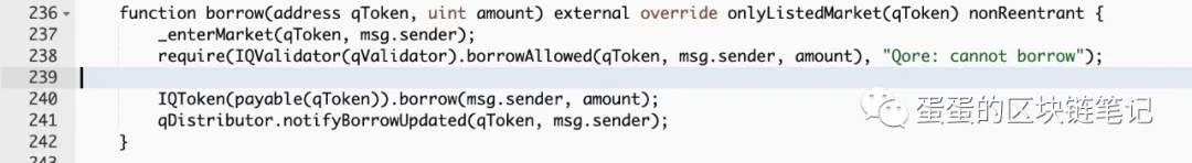 Qore borrow() function — Compound-style, correct borrowAllowed check