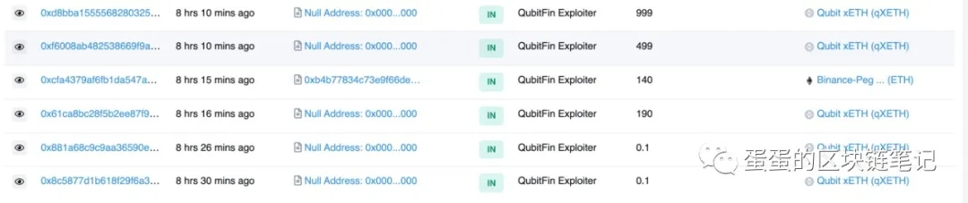 640_8.jpg — QubitFin Exploiter receiving qXETH minted from null address across multiple rounds