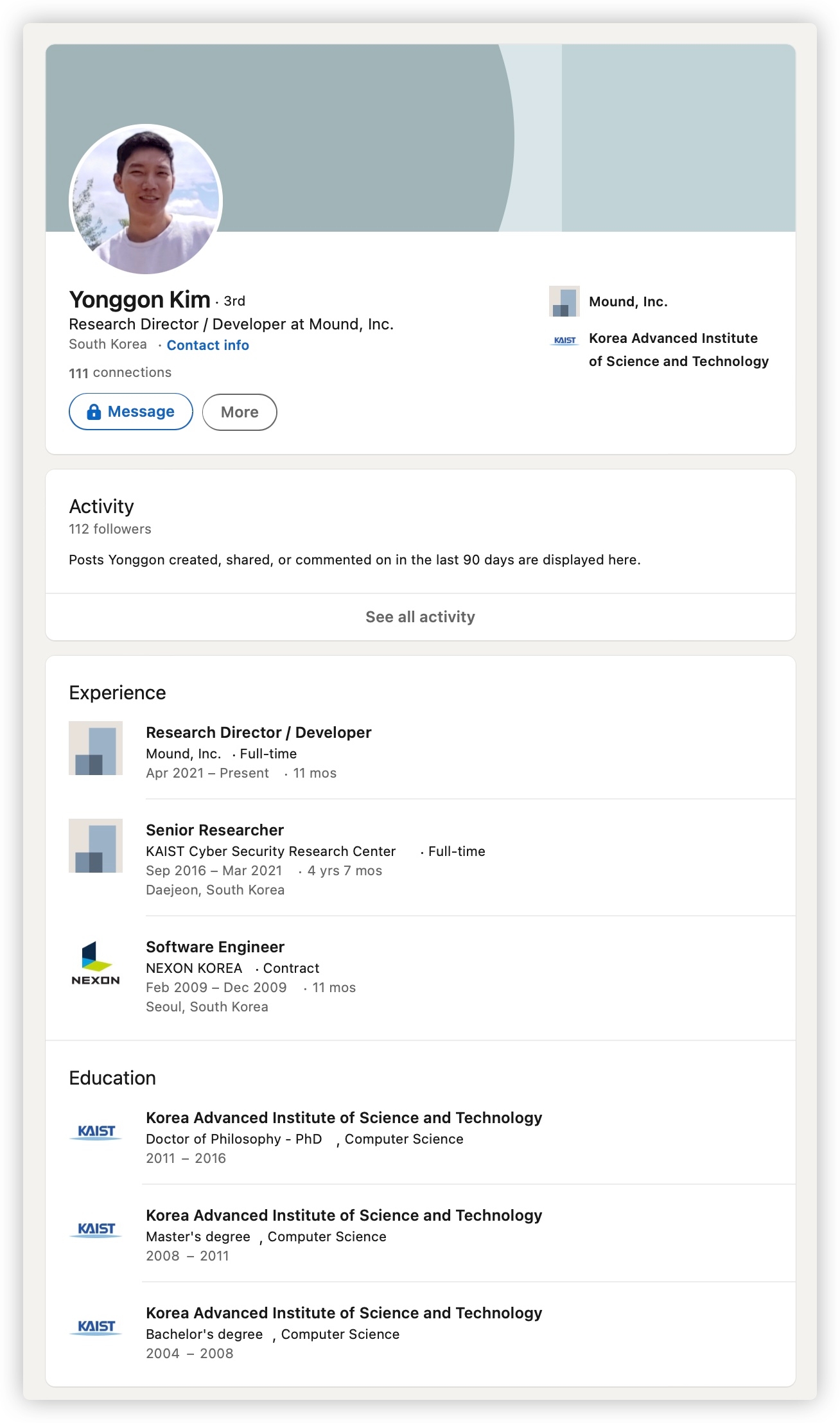 Yonggon Kim — LinkedIn profile screenshot